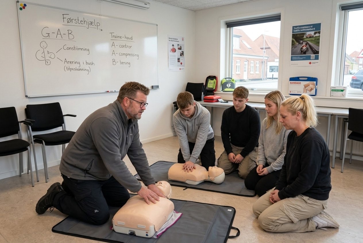 Førstehjælp træning på køreskole i Odense med instruktør og elever.